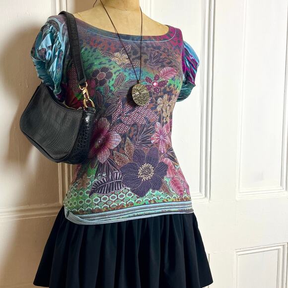 B.L.U.E Fairy Bohochic multicolored short sleeve top with puffed sleeves - Picture 1 of 8
